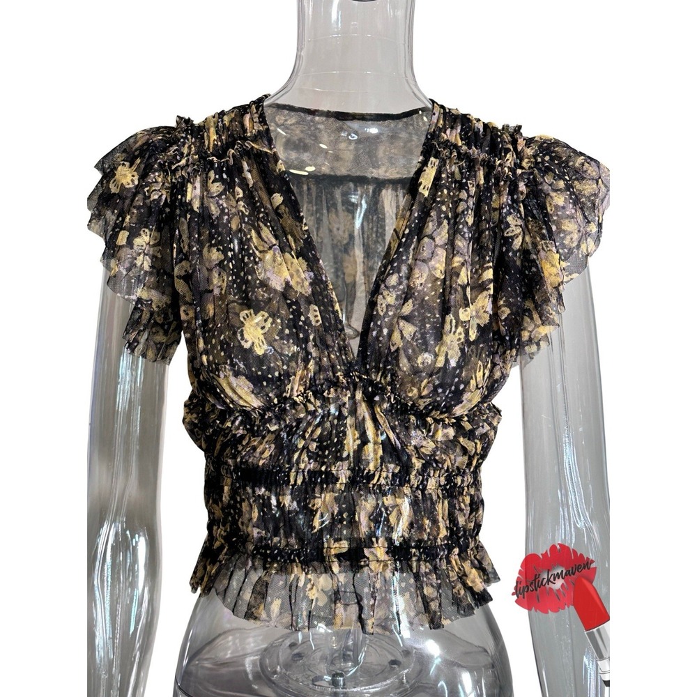 Free People Making Me Smile Top Small Black Floral Pleated‎ Mesh Cropped V Neck